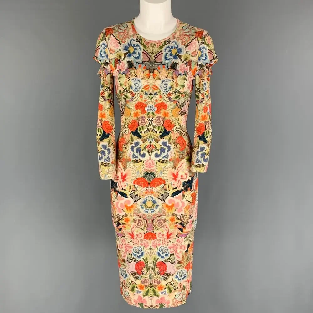 ALEXANDER MCQUEEN 4 Multi-Color Abstract Floral Rayon Blend Long Sleeve Dress - Picture 1 of 6